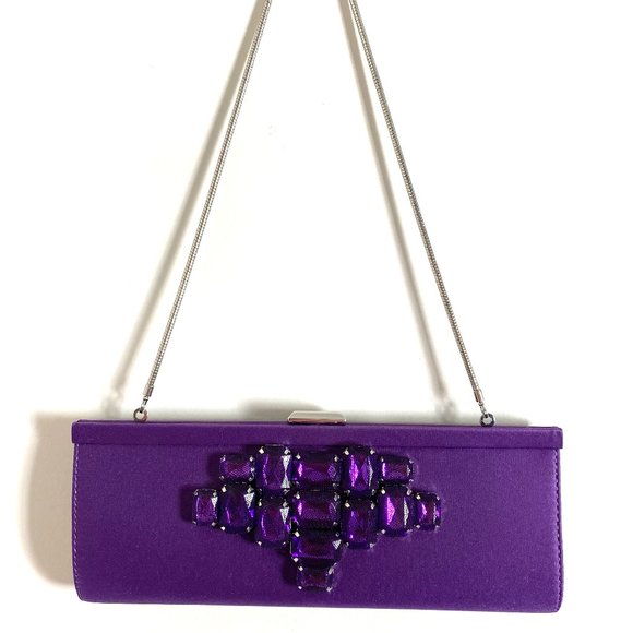 NEW Banana Republic Purple Satin Beaded Clutch w/ Chain and Duster Bag - Picture 4 of 5